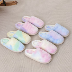 Hairy Slippers for Winter Home Warmth Cotton Slippers with Anti Slip and Thick Velvet Tie Dyed Checkered Cotton Slippers