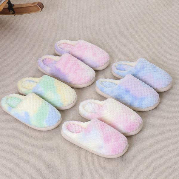 Hairy Slippers for Winter Home Warmth Cotton Slippers with Anti Slip and Thick Velvet Tie Dyed Checkered Cotton Slippers