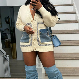 Loose Patchwork Denim Knit Cardigan Design with a Lazy Style Sweater Jacket