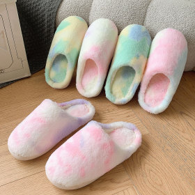 Winter Velvet Fur Slippers Tie Dyed Gradient Cotton Slippers for Home Use Cotton Slippers