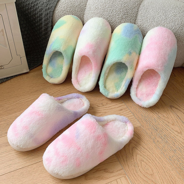 Winter Velvet Fur Slippers Tie Dyed Gradient Cotton Slippers for Home Use Cotton Slippers