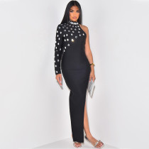 Round Neck Rhinestone High Slit Solid Color Dress
