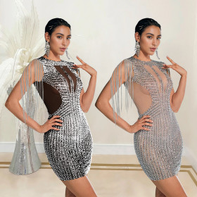 Tassel Rhinestone Sleeveless Dress