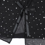 Hot Stamping Sparkling Crystal Feather Splicing Perspective Elastic CSplit Dress Two-piece Set