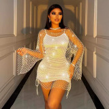 Nightclub Mesh Fishing Net Rhinestone Hollow Dress