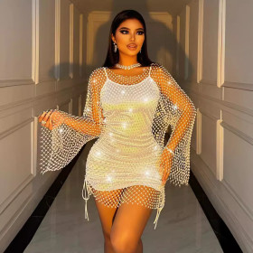 Nightclub Mesh Fishing Net Rhinestone Hollow Dress