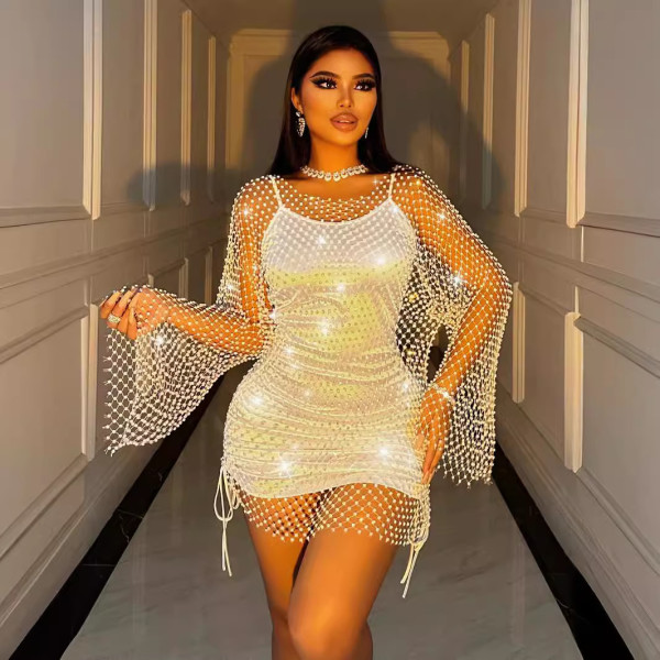 Nightclub Mesh Fishing Net Rhinestone Hollow Dress