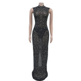 Sleeveless Rhinestone Long Dress