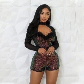 Colorful Sequins Gradient Color Hip Hugging Suspender Slim Bead Jumpsuit