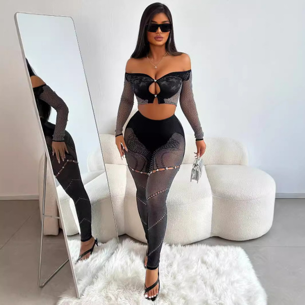 Solid Color Sewn Diamond One Shoulder Long Sleeved Crop Top Long Pants Knitted Casual Suit