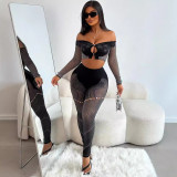 Solid Color Sewn Diamond One Shoulder Long Sleeved Crop Top Long Pants Knitted Casual Suit