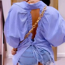 Striped Back Hollowed Out Slit Drawstring Tie Mid Sleeve Loose Fit Shirt