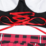 Sexy Lingerie Four Piece Uniform Bow Red Checkered Ribbon Cross Set