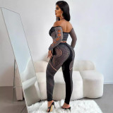 Solid Color Sewn Diamond One Shoulder Long Sleeved Crop Top Long Pants Knitted Casual Suit