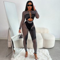 Solid Color Tight Fitting Nail Drill Slim Fit Long Sleeved Pants Contrasting One-piece Pants