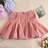 Zipper Denim Washed Lotus Leaf Mid Waist Skirt Umbrella Skirt
