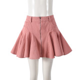 Zipper Denim Washed Lotus Leaf Mid Waist Skirt Umbrella Skirt