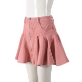 Zipper Denim Washed Lotus Leaf Mid Waist Skirt Umbrella Skirt