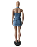 Backless and Neck Hanging Elastic Denim Dress