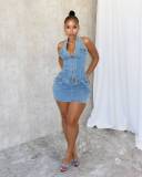 Backless and Neck Hanging Elastic Denim Dress
