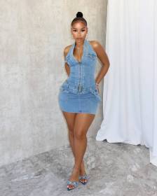 Backless and Neck Hanging Elastic Denim Dress