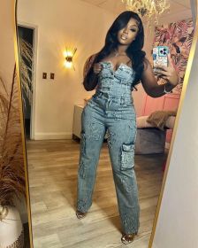 Strapless Embroidered Jumpsuit Pants Elastic Pants