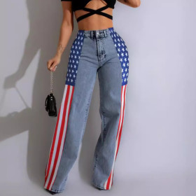 American Flag Print Elastic Wide Leg Denim Pants