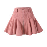 Zipper Denim Washed Lotus Leaf Mid Waist Skirt Umbrella Skirt