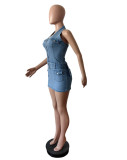 Backless and Neck Hanging Elastic Denim Dress