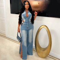 Tight Waist Slim Fit Elastic Wash Denim Jumpsuit