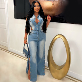 Tight Waist Slim Fit Elastic Wash Denim Jumpsuit