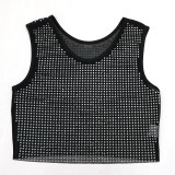 Sleeveless Round Neck See Through Rhinestone Casual Top