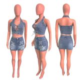 Cross Embroidery Casual Stretch Denim Two-piece Set