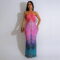 Slim Fit Hip Hugging Dress with Rhinestone Hot Stamping Long Skirt