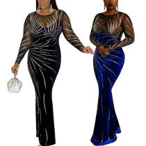 Hot Stamping Transparent Mesh Splicing Velvet Party Evening Dress