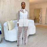 Tie Up Collar Single Breasted Long Sleeved Shirt High Waist Straight Leg Pants Two-piece Set