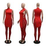 Two Piece Set of Sleeveless Round Neck Slit Top and See Through Lace Pants
