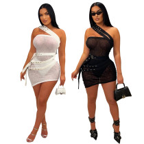 Slanted Shoulder See Through  Irregular Short Skirt Without Underwear