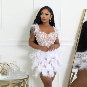 Nail Bead Feather V-neck Waist Cinching Short Dress