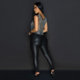 Sleeveless Round Neck See Through Rhinestone Casual Top