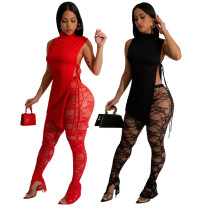 Two Piece Set of Sleeveless Round Neck Slit Top and See Through Lace Pants
