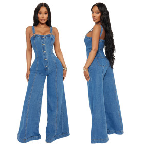 Strap Denim Jumpsuit Wide Leg Pants