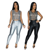 Sleeveless Round Neck See Through Rhinestone Casual Top