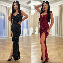 Velvet Bead Suspender Small V-neck Waist Cinching Split Waist Hip Hugging Sequin Dress