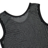 Sleeveless Round Neck See Through Rhinestone Casual Top