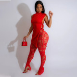 Two Piece Set of Sleeveless Round Neck Slit Top and See Through Lace Pants