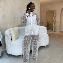 Tie Up Collar Single Breasted Long Sleeved Shirt High Waist Straight Leg Pants Two-piece Set