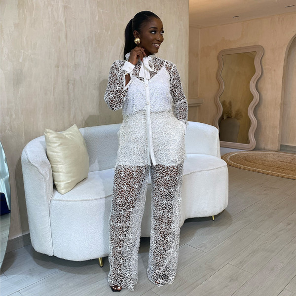 Tie Up Collar Single Breasted Long Sleeved Shirt High Waist Straight Leg Pants Two-piece Set