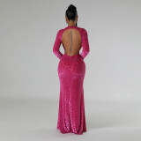 Round Neck Long Sleeved Hollow Out Long Dress