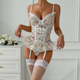 Floral Lace Patchwork Elastic Mesh Fun Suspender with Steel Ring Three Piece Set Including Socks
